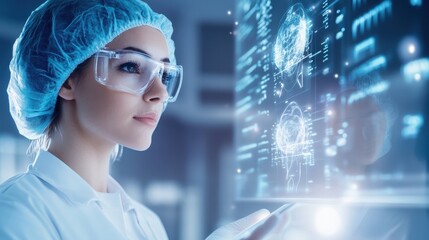 Healthcare Professional Using Advanced Technology to Analyze Data and Display Information on a Transparent Screen in a Modern Laboratory Environment