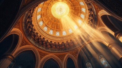 Obraz premium Golden Dome Mosque Sunlit Interior Architecture