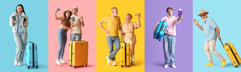 Set of different tourists on color background