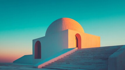 Sunset illuminates a white dome building with stairs