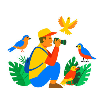 A flat character illustration of ornithologist