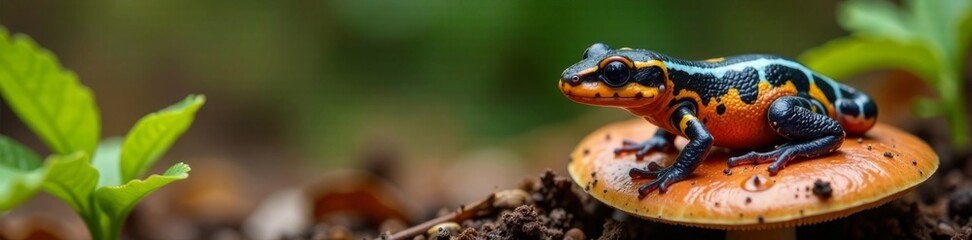 Fototapeta premium Colorful cep with spotted salamander sitting on mushroom, edible mushroom, wildlife, autumn