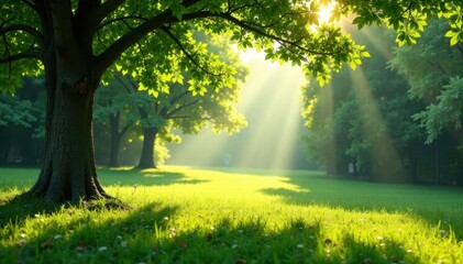 Fototapeta premium Soft, dappled sunlight filtering through leaves casting shadows on ground, texture, shade