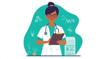 Professional Female Doctor with Clipboard and Medical Tools in Colorful Background Representing Healthcare and Medicine