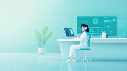 Professional Female Worker with Headset Analyzing Data on Computer in Modern Office Environment with Minimalist Design and Soft Color Palette