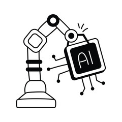 Hand drawn graphic depicting an industrial robot arm manipulating an AI chip