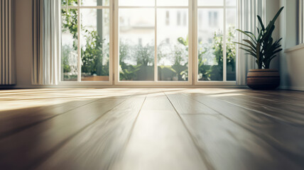 Obraz premium Serene Yoga Studio Interior. Natural light, wooden floors & minimal decor. Peaceful & calming fitness space. Simple & tranquil wellness studio.