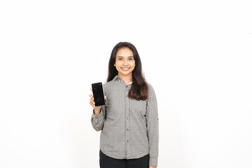 Fototapeta premium Smiling presenting and holding blank screen smartphone showing apps, web or ad Of Beautiful Asian Woman Isolated On White Background