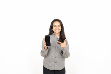 Smiling presenting and holding blank screen smartphone showing apps, web or ad Of Beautiful Asian Woman Isolated On White Background
