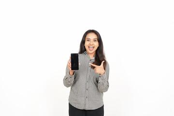 Fototapeta premium Smiling presenting and holding blank screen smartphone showing apps, web or ad Of Beautiful Asian Woman Isolated On White Background