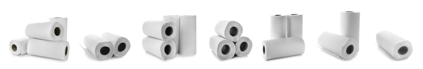 Many rolls of paper towels on white background
