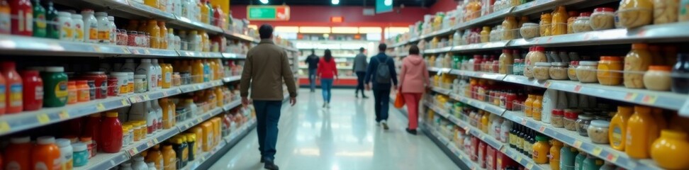 Crowded supermarket aisle with shopping baskets and products, store, shelves, crowded