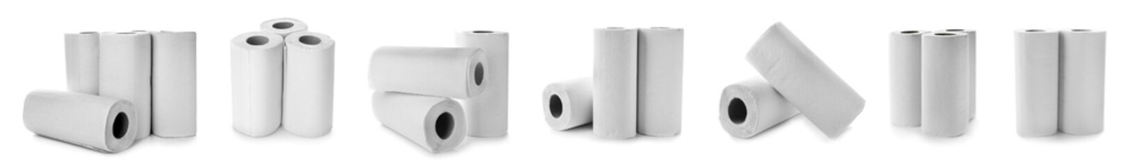 Many rolls of paper towels on white background