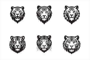 Set of tiger head silhouette vector illustration