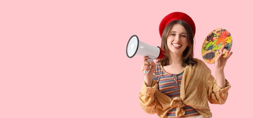 Young female painter with megaphone on pink background with space for text. Artist as Outlaw Day