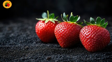 Three ripe red strawberries rest on dark soil