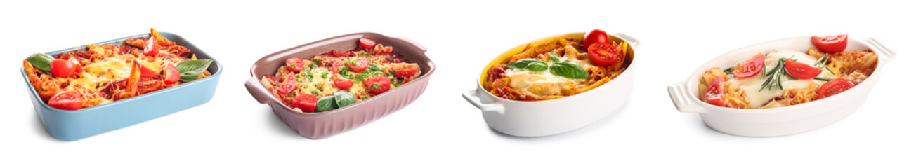 Set of tasty baked pasta with cheese and tomato sauce on white background