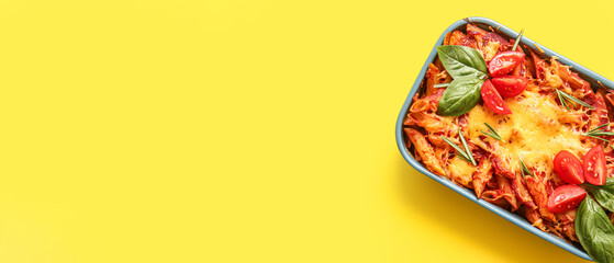 Baking dish of pasta with tomato sauce and cheese on yellow background