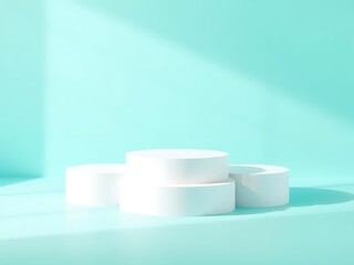Two blue podiums on blue and teal  background with shadows. Perfect platform for your product. Three dimensional illustration