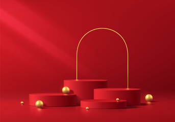 Red 3D cylindrical podium background with golden ball, arch frame backdrop. Studio wall scene. Minimalist Vector mockup pedestal design. Abstract stand product display presentation, Stage for showcase