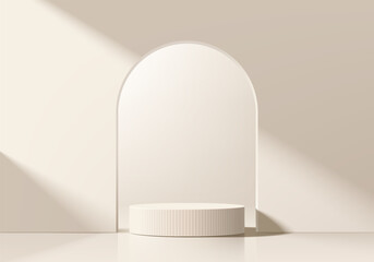 Cream 3D cylindrical podium background in Arch gate backdrop, Studio wall scene. Minimalist 3D mockup pedestal. Abstract stand product display presentation, Stage for showcase. Vector platform design.