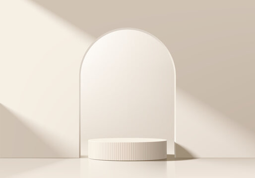 Cream 3D cylindrical podium background in Arch gate backdrop, Studio wall scene. Minimalist 3D mockup pedestal. Abstract stand product display presentation, Stage for showcase. Vector platform design.