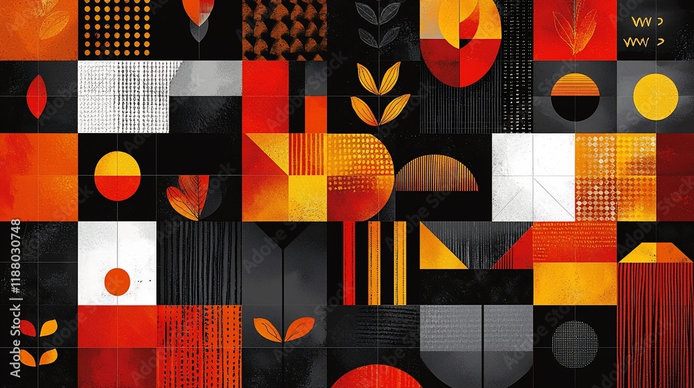 Poster abstract geometric autumnal pattern with warm colors and organic elements.