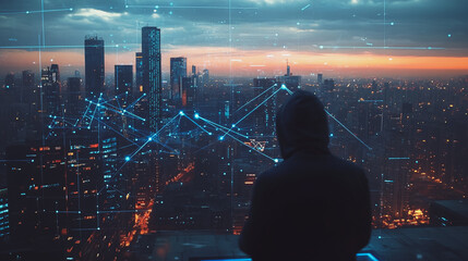 Fototapeta premium Hacker are planning to hack and attack networks and cyber security systems. Smart digital city with connection cyber security network reciprocity over the cityscape .
