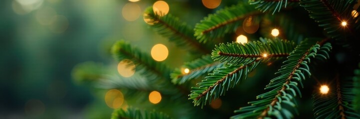 Sparkling Christmas tree lights bokeh, classic green needles, abstract, traditional, christmas
