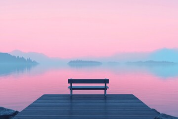 Naklejka premium Wooden bench on a calm lake pier during a pastel sunrise