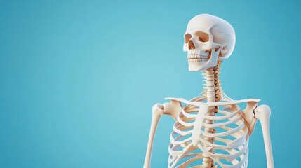 Human Skeleton Model on a Blue Background Ideal for Educational Purposes in Anatomy, Biology, Medical Illustration, or Health-Related Materials