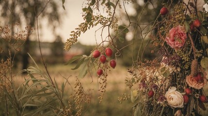Floral arrangement with rosehips, soft tones, romantic background, blurred landscape 