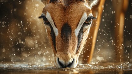 A close-up of a springbok drinking water, its sharp eyes and sleek fur visible against the dusty background of Etosha National Park.