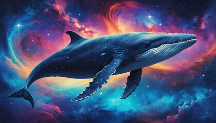 Fototapeta premium A majestic blue whale swims through a starry cosmos, its silhouette outlined against a backdrop of vibrant nebulae and distant galaxies.