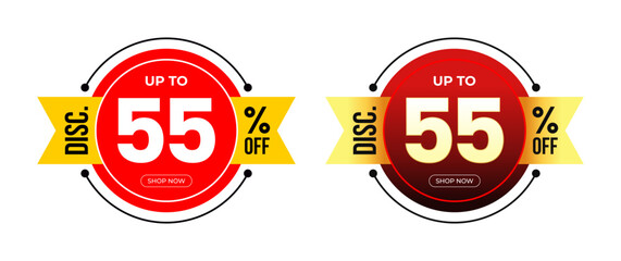 Discount Sticker of Special Offer discount up to 55% Off. Black and Red Gradient background isolated on white. Circle frame with ribbon. For Tag, Price, Discount Label. Vector Illustration