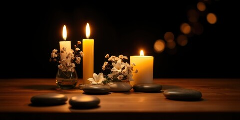A serene arrangement of lit candles, delicate white flowers, and smooth grey stones on a warm wooden surface, creating a calming ambiance.