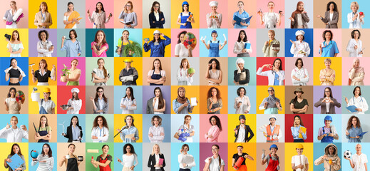 Collage of many different working women on color background. Women's History Month
