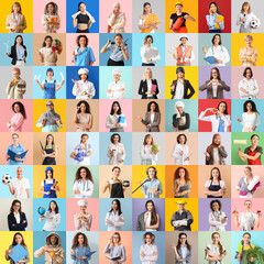 Many women of different professions on color background. Women's History Month