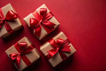 Top view photo of decorations gift boxes with red ribbon bow on dark red background.