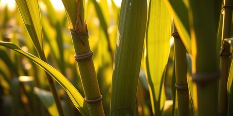 A close-up view of the textured stalks and leaves of a vibrant green plant, bathed in warm sunlight.