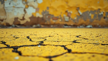 Obraz premium A close-up of cracked yellow paint on a surface, with a blurred background revealing the texture of the paint beneath