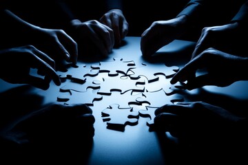 Hands assembling a puzzle in a dark room