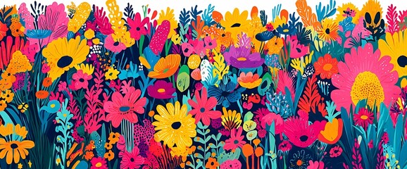 Fototapeta premium Vibrant floral illustration with a multitude of colorful flowers.