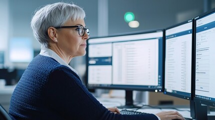 Professional Working with Dual Monitors in Office, Accountant using computer concept.