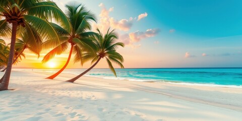 Fototapeta premium A serene beach scene with palm trees swaying in the gentle breeze, the sun setting over the horizon, casting a warm glow across the turquoise water and soft white sand.