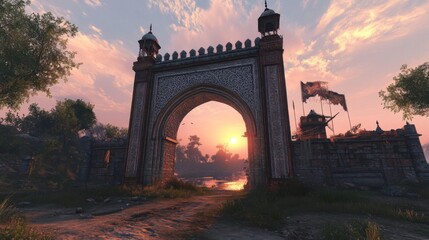 Obraz premium Ancient Archway Gateway Sunset Scene Landscape