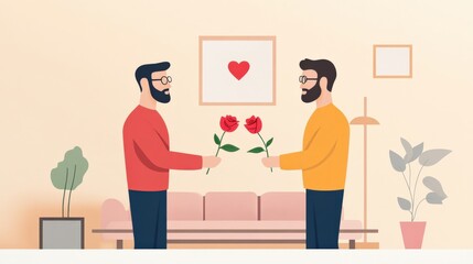 Two Men Exchanging Red Roses in a Minimalist Living Room with a Heart Artwork, Symbolizing Love and Connection in Contemporary Relationship