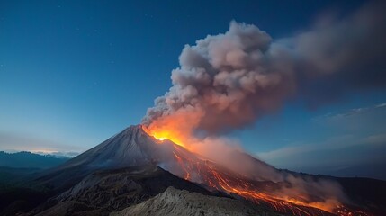 Massive Volcano Erupting at Night Stunning Landscape Photography Illuminating Ash Clouds and Lava Rivers