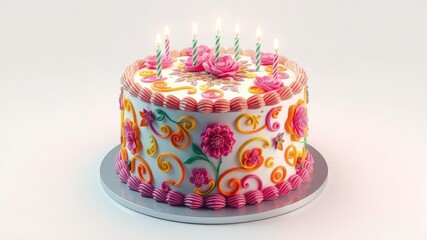 A 2D representation of a birthday cake generated by AI with intricate designs and vibrant colors, birthday cake generative ai, abstract patterns