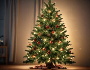 A beautifully decorated Christmas tree with fairy lights and a topper, merry christmas, holiday decorations